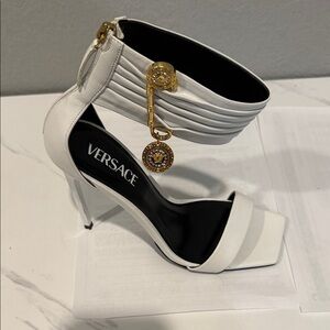 Versace White Heels with Gold Medallion